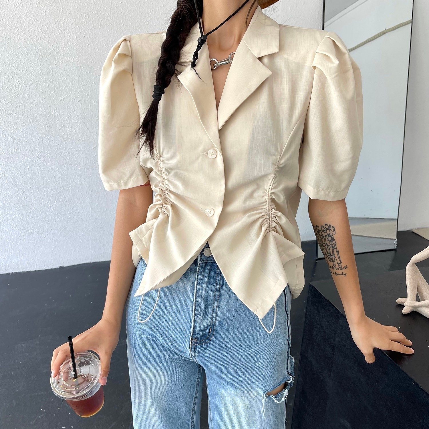 French V-Drawstring Folded Waist Blouse Women's Suit Collar Top Bubble Short Sleeve - Image 3
