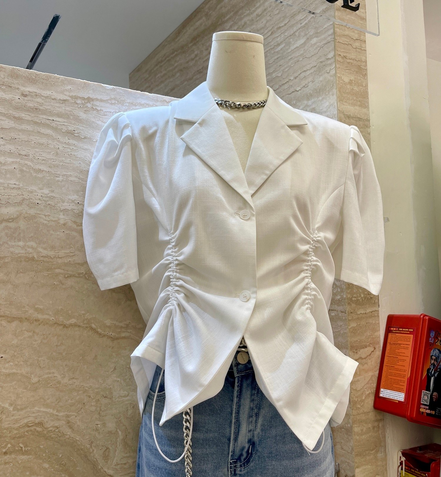 French V-Drawstring Folded Waist Blouse Women's Suit Collar Top Bubble Short Sleeve - Image 10