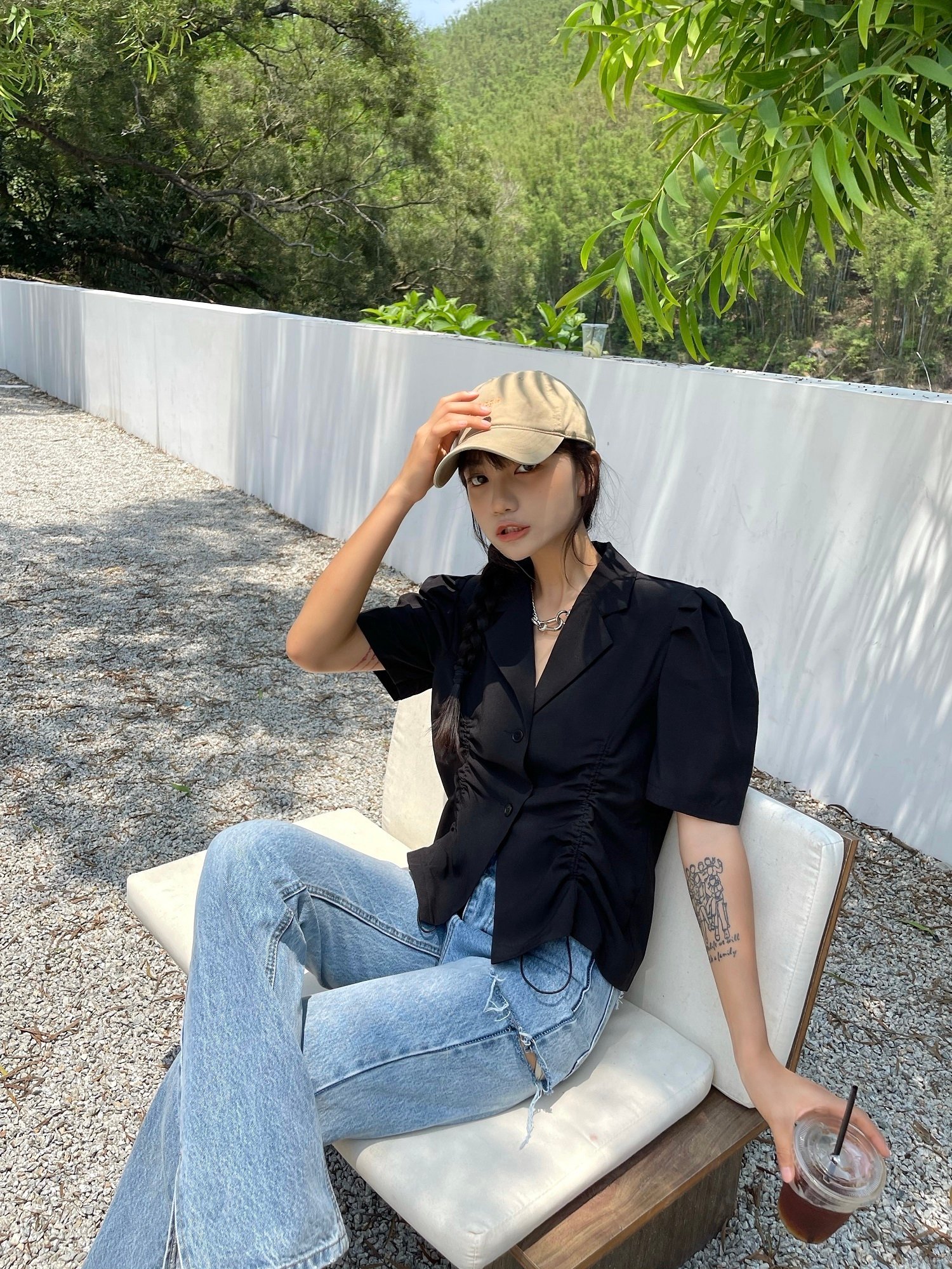 French V-Drawstring Folded Waist Blouse Women's Suit Collar Top Bubble Short Sleeve - Image 9