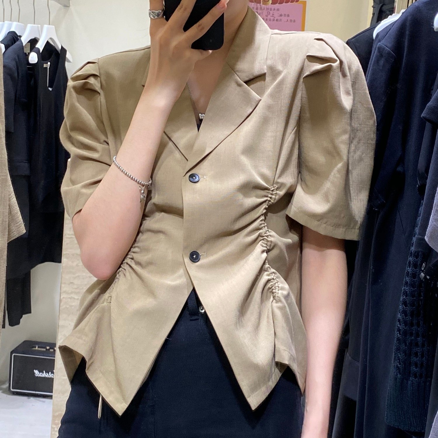 French V-Drawstring Folded Waist Blouse Women's Suit Collar Top Bubble Short Sleeve - Image 2