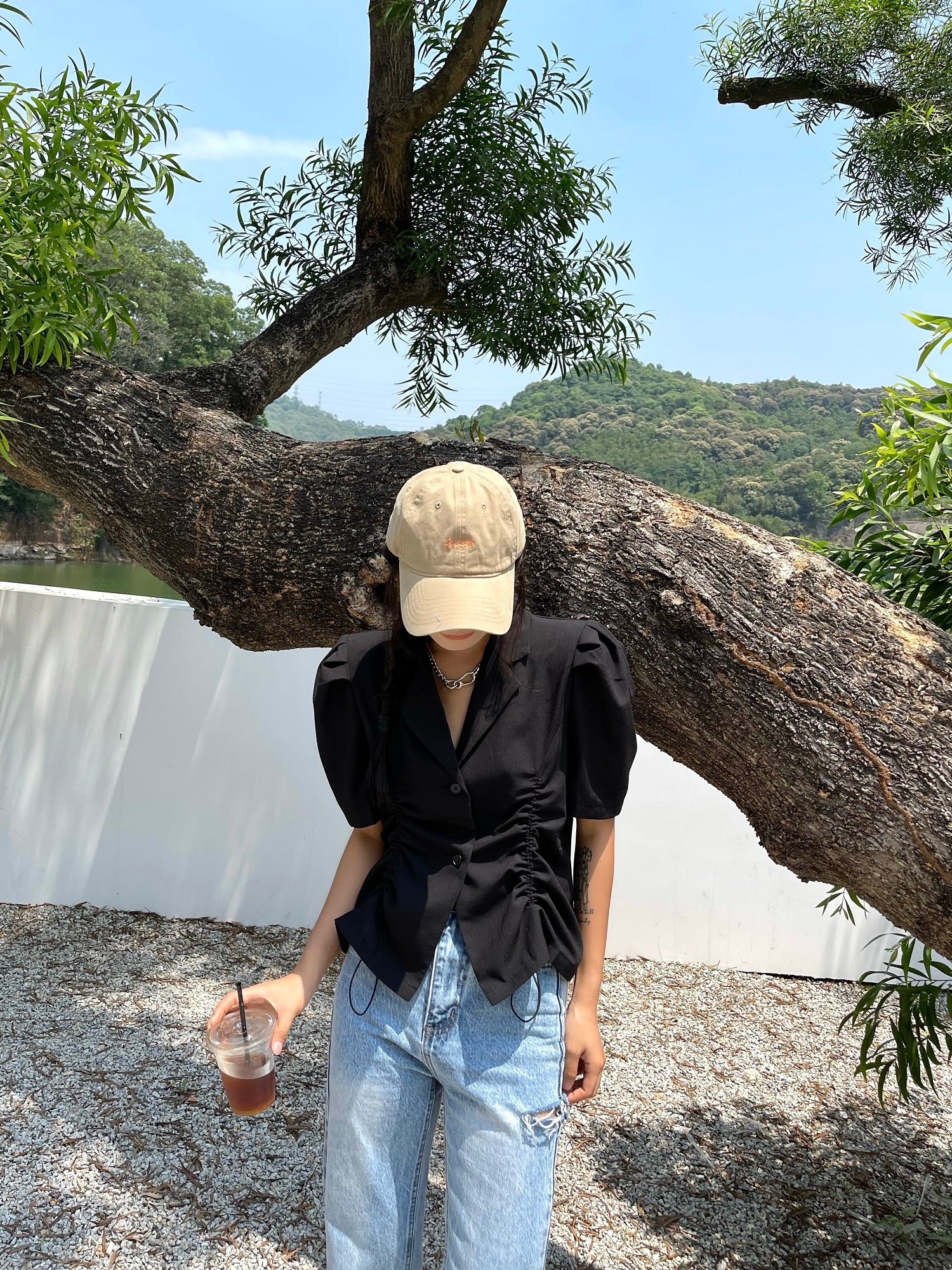 French V-Drawstring Folded Waist Blouse Women's Suit Collar Top Bubble Short Sleeve - Image 5