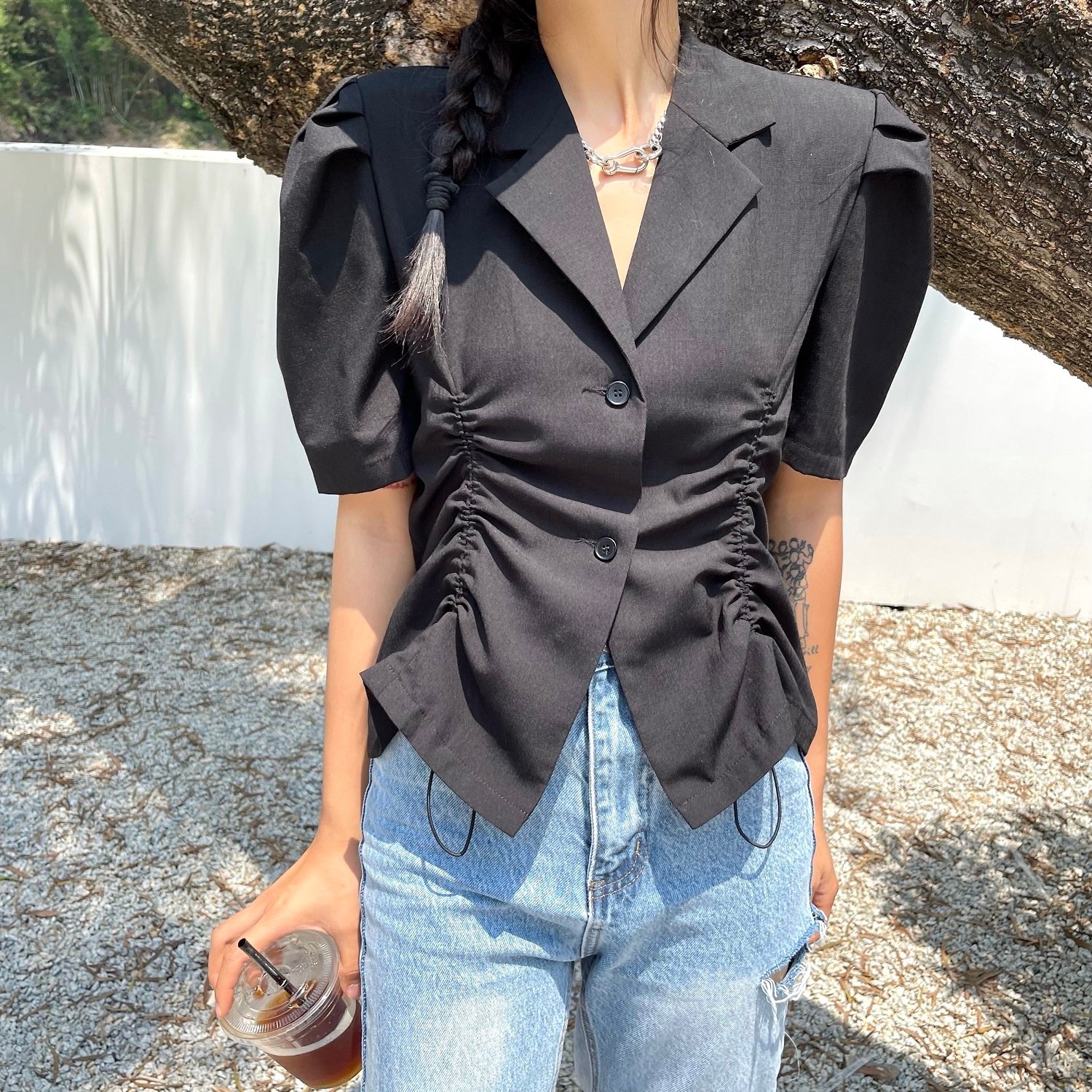 French V-Drawstring Folded Waist Blouse Women's Suit Collar Top Bubble Short Sleeve
