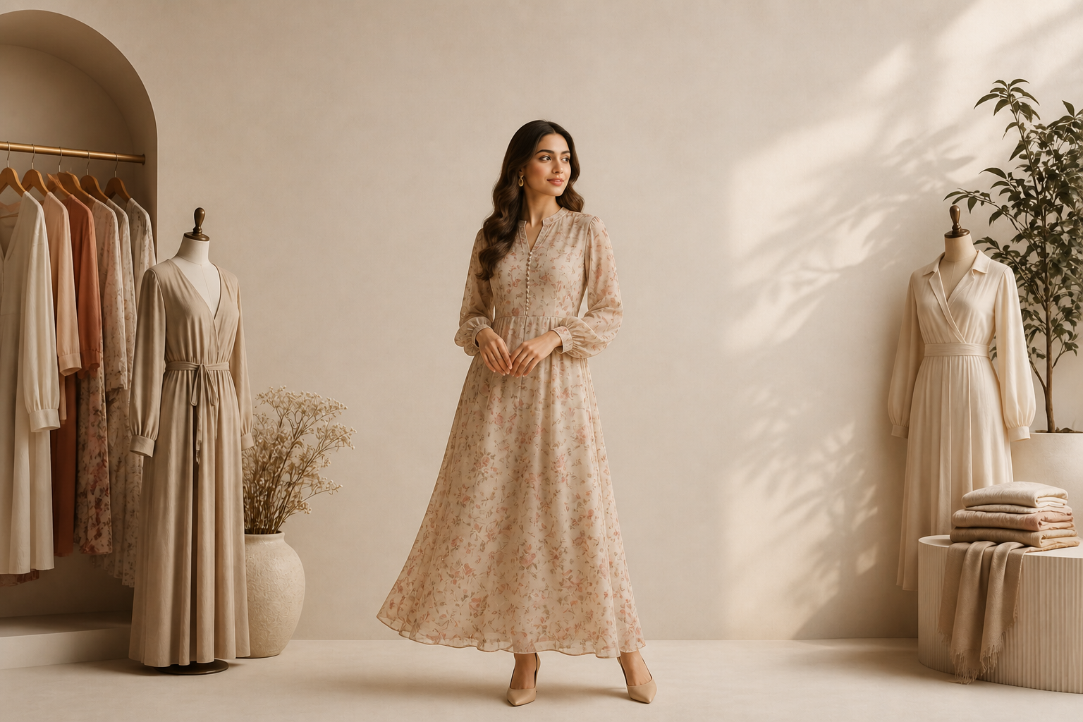 Elegant women’s fashion model wearing a stylish floral dress in a modern minimalist studio, premium clothing collection by Martixo Limited