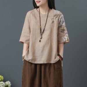 Summer Ethnic Style Embroidered Plus-Size Loose Fit Artistic Vintage Chinese Style T-Shirt